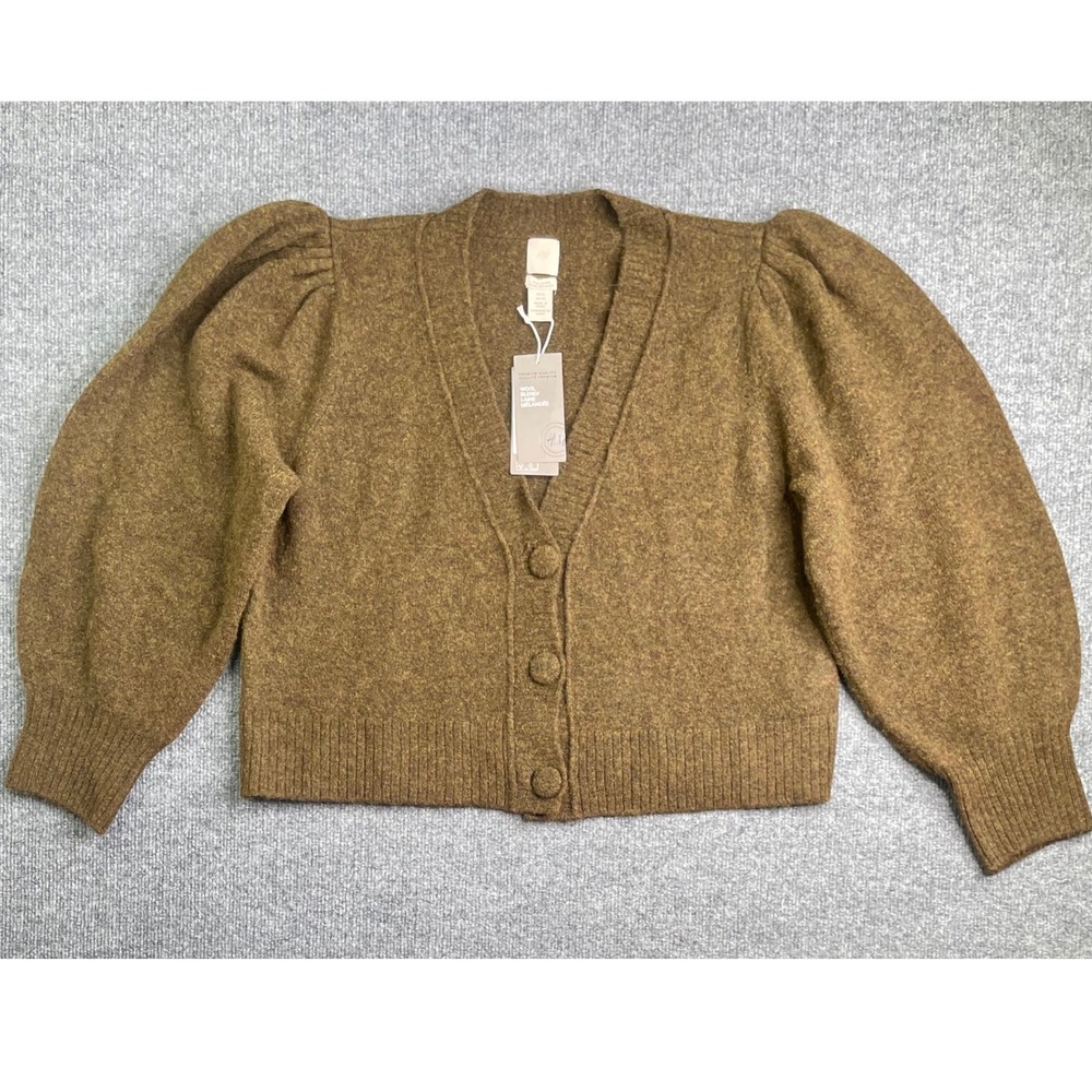 H&M Cardigan‎ Women XL Brown Wool Blend Puff Shoulder V-Neck Button Front